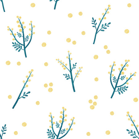 Mimosa flower seamless pattern. Hand drawn textured yellow flowers with stems and leaves on white backgroundの写真素材