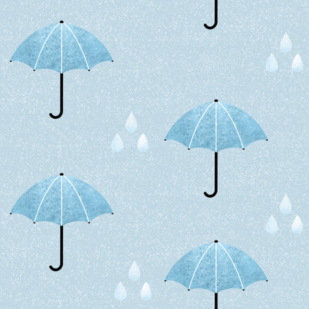 Rain and umbrella seamless pattern. Hand drawn textured rain drops and blue parasols flying on light blue background. weather allover printの写真素材