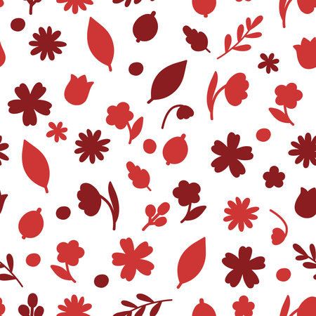 Red flowers on white background seamless pattern. Hand drawn floral allover print. Monochrome dark red botanical elements backdropの写真素材