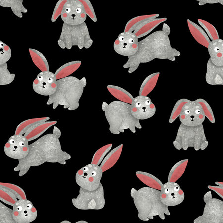 hare seamless pattern. Gray rabbits on black background. Hand drawn textured cute baby animals. Raster bunny allover printの写真素材