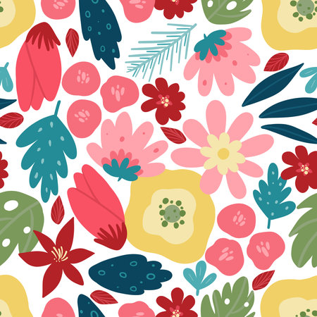 Colorful flowers seamless pattern. Hand drawn scribbled flowers on white background. Cute modern floral allover print. simple floral printの写真素材