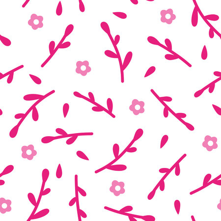 Girlish pink floral seamless pattern with hand drawn flowers and twigs on white background. Sweet botanical allover illustrationの写真素材