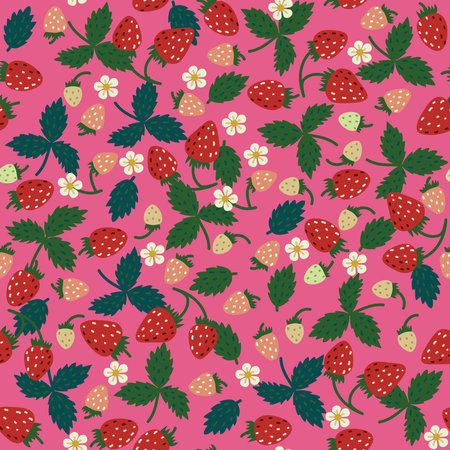 Strawberry seamless pattern. Hand drawn textured isolated red and green berries with leaves and flowers on pink background. Cute yummy ripe berry allover printの写真素材