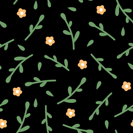 Ditsy seamless pattern. Floral allover print. Hand drawn green brunches and yellow wild flowers on black background. simple botanical pattern designの写真素材