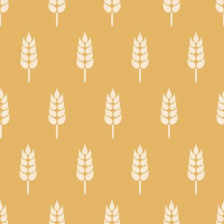 Wheat seamless pattern. Bakery backdrop. Hand drawn ear or malt, corn, rice on yellow background. Repeat flat spikelet. Gold whole grains all over illustrationの写真素材