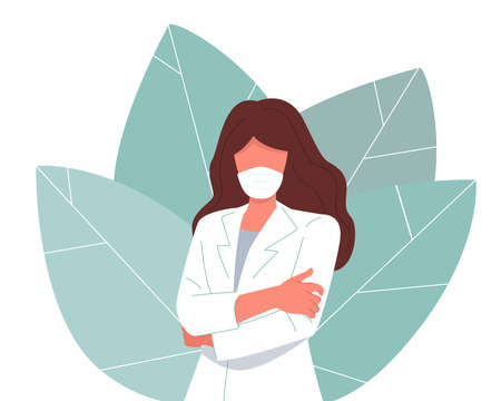 A young woman doctor with medical gown and protective mask.のイラスト素材