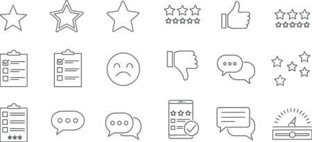 Outline icons for measuring consumer sentiment including quality evaluation tools mobile app reviews digital feedback systems service assessment graphics communication bubbles testimonial elementsのイラスト素材