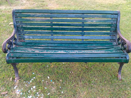 Green vintage bench in the gardenの写真素材