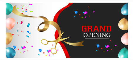 Grand Opening Cut ribbon background Banner Design Illustrations Shape, Business Promotion Ad Poster, Ceremony party event invitation, Coming soon Poster, red ribbon with balloon.のイラスト素材