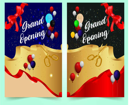 Grand Opening Cut ribbon background Banner Design Illustrations Shape, Business Promotion Ad Poster, Ceremony party event invitation, Coming soon Poster, red ribbon with balloon.のイラスト素材