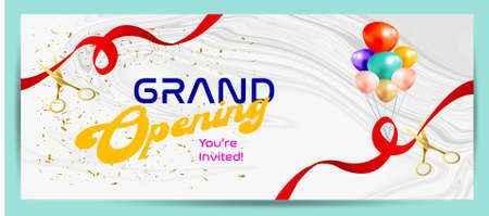 Grand Opening Cut ribbon background Banner Design Illustrations Shape, Business Promotion Ad Poster, Ceremony party event invitation, Coming soon Poster, red ribbon with balloon.のイラスト素材