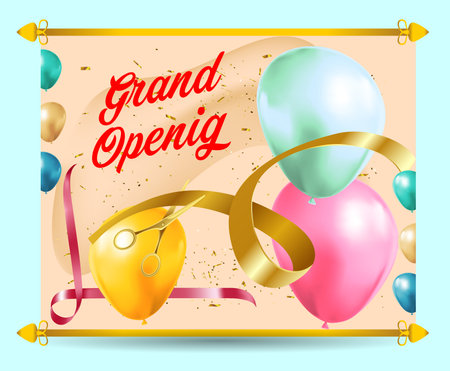 Grand Opening Cut ribbon background Banner Design Illustrations Shape, Business Promotion Ad Poster, Ceremony party event invitation, Coming soon Poster, red ribbon with balloon.のイラスト素材