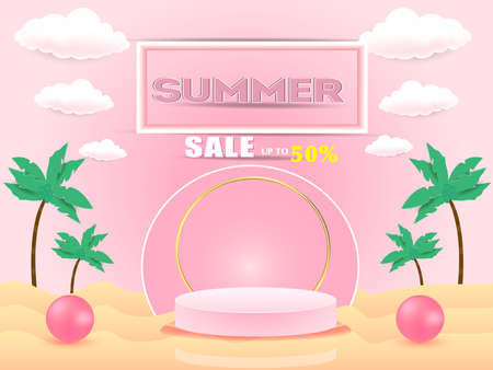 Hello summer holiday beach vacation theme horizontal banner, hi Summer vacation traveling poster, tropical sea beach. Hot Summer sale banner Template. summer 3d Product display.のイラスト素材
