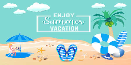 Hello summer holiday beach vacation theme horizontal banner, hi Summer vacation traveling poster, tropical sea beach. Hot Summer sale banner Template. summer 3d Product display.のイラスト素材