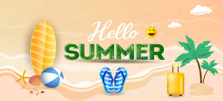 Hello summer holiday beach vacation theme horizontal banner, hi Summer vacation traveling poster, tropical sea beach. Hot Summer sale banner Template. summer 3d Product display.のイラスト素材