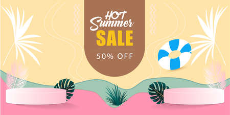 Hello summer holiday beach vacation theme horizontal banner, hi Summer vacation traveling poster, tropical sea beach. Hot Summer sale banner Template. summer 3d Product display.のイラスト素材