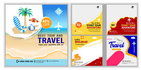 Social media Travel and tours ad design. Enjoy Holiday Adventure Template. social media post template. Travel agency Poster. Truism Vacation Discount Banner.のイラスト素材