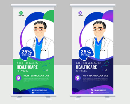 Healthcare and medical roll up and standee design banner, Corporate Medical roll up banner vector template design or poll up standee for healthcare hospital.のイラスト素材
