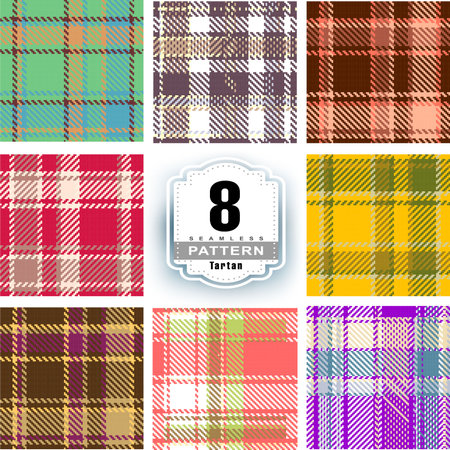 Set Tartan Plaid Scottish Seamless Pattern. Flat textile fabric pattern ornament design. Texture from tartan, plaid, tablecloths, shirts, clothes, dresses, blankets and textile.のイラスト素材