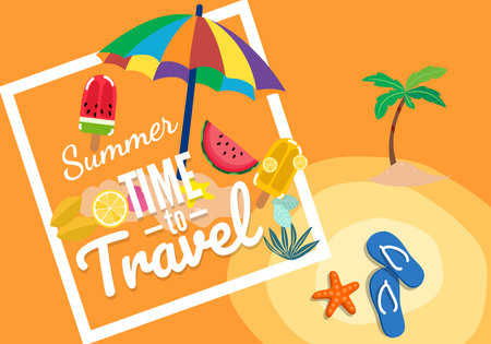 Summer sale banner and poster design with tropical beach background Vector. Realistic big and super sale summer vacation background design.のイラスト素材