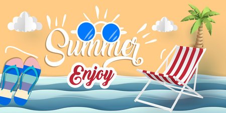 Summer sale banner and poster design with tropical beach background Vector. Realistic big and super sale summer vacation background design.のイラスト素材