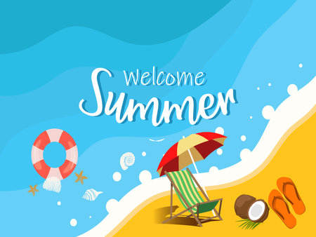 Summer sale banner and poster design with tropical beach background Vector. Realistic big and super sale summer vacation background design.のイラスト素材
