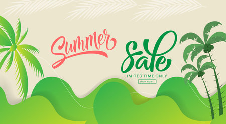 Summer sale banner and poster design with tropical beach background Vector. Realistic big and super sale summer vacation background design.のイラスト素材