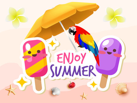 Summer sale banner and poster design with tropical beach background Vector. Realistic big and super sale summer vacation background design.のイラスト素材