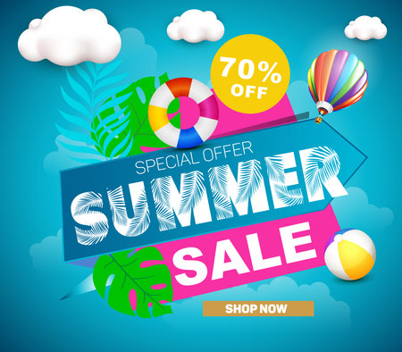 Summer sale banner and poster design with tropical beach background Vector. Realistic big and super sale summer vacation background design.のイラスト素材