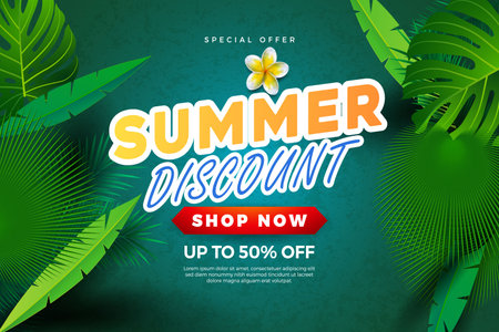 Summer sale banner and poster design with tropical beach background Vector. Realistic big and super sale summer vacation background design.のイラスト素材