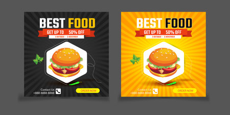 food menu restaurant Social Media Post design. delicious fast Food social media promotion and banner post design template.のイラスト素材