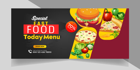 Delicious Fast Food Pizza banner with social media post template Banner, Restaurant discount food Burger banner Design, Food menu social media cover template.のイラスト素材