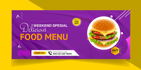 Delicious Fast Food Pizza banner with social media post template Banner, Restaurant discount food Burger banner Design, Food menu social media cover template.のイラスト素材