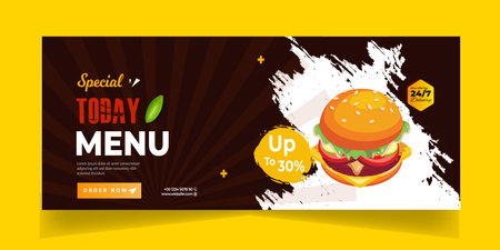 Delicious Fast Food Pizza banner with social media post template Banner, Restaurant discount food Burger banner Design, Food menu social media cover template.のイラスト素材