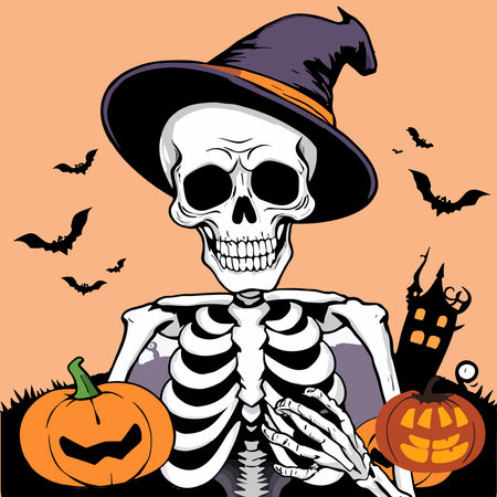 Vector illustration of a skeleton wearing a witch hat and holding a pumpkinのイラスト素材