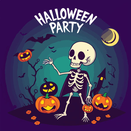 Halloween party card with skeleton and pumpkins. Vector illustration.のイラスト素材