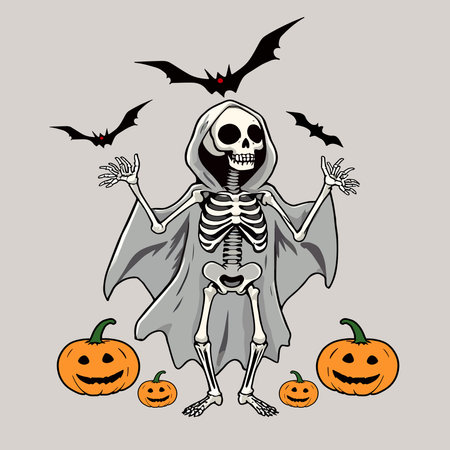 Halloween skeleton with bats and pumpkins. Vector cartoon illustration.のイラスト素材