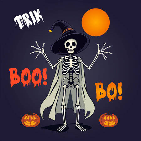 Halloween card with skeleton and text. Vector illustration for your designのイラスト素材