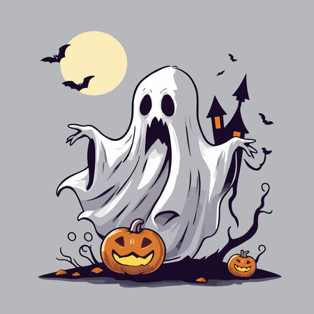 Halloween illustration with ghost and pumpkins. Vector illustration for your designのイラスト素材