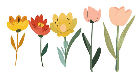 Collection of spring colorful bouquet flower elements vector. Set Botanical floral of wild flower, leaf branch, foliage on white background.のイラスト素材