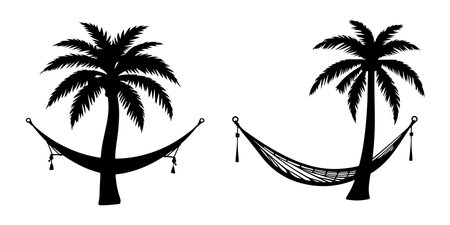 Silhouette of a hammock and palm trees on a white backgroundのイラスト素材