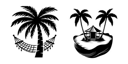Hammock and palm tree on island. Silhouette of a hammock and palm tree. Vector illustrationのイラスト素材