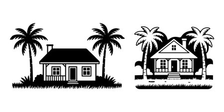Vector illustration of a house and palm trees on a white background.のイラスト素材