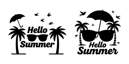 Hello Summer. Vector set of black silhouettes of palm trees, sunbeds, sunglasses and birds.のイラスト素材