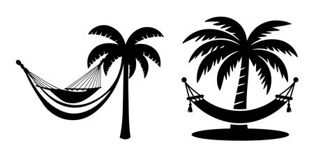 Silhouette of hammock and palm tree. Vector illustration.のイラスト素材