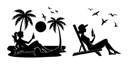 Vector illustration of a girl sitting on a lounger on the beachのイラスト素材