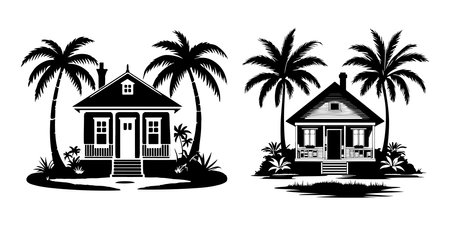 Set of black silhouettes of houses and palm trees. Vector illustrationのイラスト素材