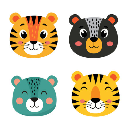 Set of cute animals. Tiger, lion, tiger, panda. Vector illustrationのイラスト素材