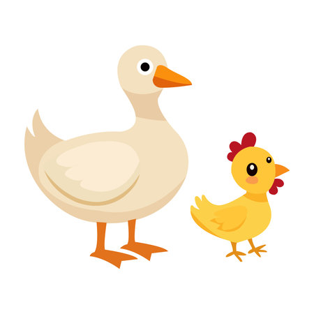 Cute cartoon chicken and duckling isolated on white background. Vector illustration.のイラスト素材