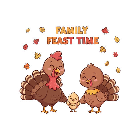 Happy Thanksgiving Day greeting card with cute cartoon turkey family. Vector illustration.のイラスト素材